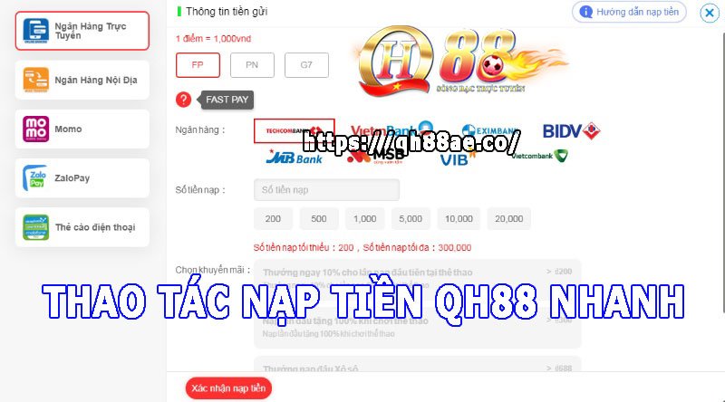 Thao tác nạp tiền QH88 nhanh